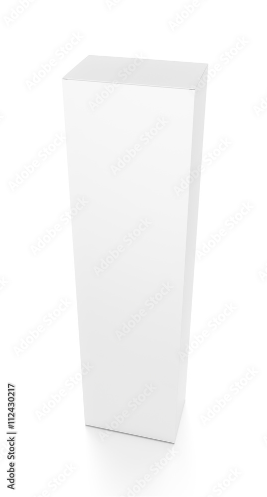 White tall vertical rectangle blank box from top front side angle. 3D illustration isolated on white background. White tall vertical rectangle blank box from top front side angle. 3D illustration isolated on white background.