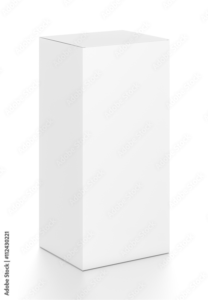 White vertical rectangle blank box from top front side angle. 3D illustration isolated on white background. White vertical rectangle blank box from top front side angle. 3D illustration isolated on white background.