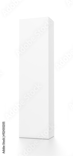 White tall vertical rectangle blank box from front far side angle. 3D illustration isolated on white background.