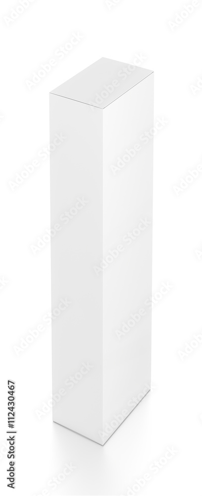 White tall vertical rectangle blank box from top far side angle. 3D illustration isolated on white background.
