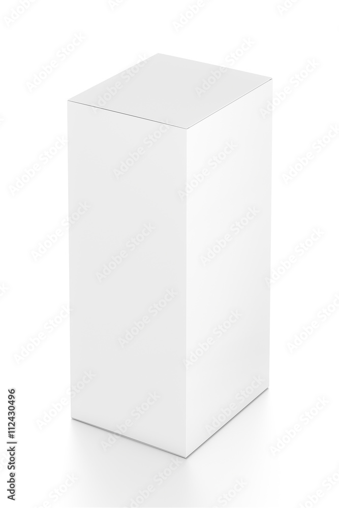 White vertical rectangle blank box from top far side angle. 3D illustration isolated on white background. White vertical rectangle blank box from top far side angle. 3D illustration isolated on white background.