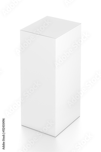 White vertical rectangle blank box from top far side angle. 3D illustration isolated on white background. © Mockup Cake