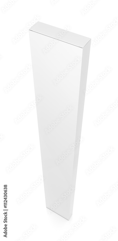 White tall thin vertical rectangle blank box from top side angle. 3D illustration isolated on white background. White tall thin vertical rectangle blank box from top side angle. 3D illustration isolated on white background.