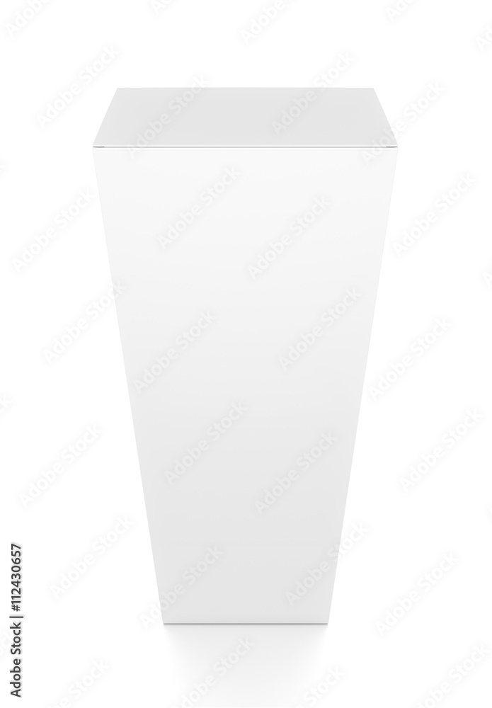 White tall vertical rectangle blank box from top front closeup angle. 3D illustration isolated on white background. White tall vertical rectangle blank box from top front closeup angle. 3D illustration isolated on white background.