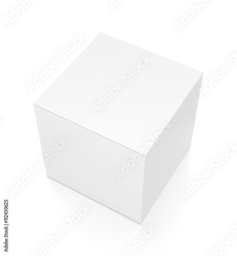 White cube blank box from top side angle. 3D illustration isolated on white background.