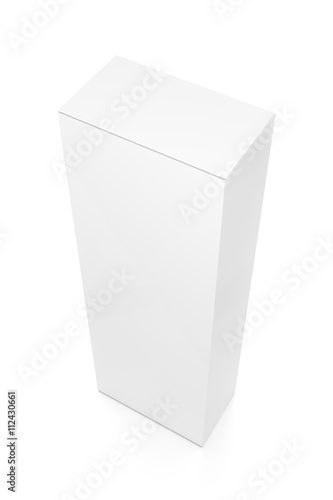 White tall vertical rectangle blank box from top side angle. 3D illustration isolated on white background. © Mockup Cake