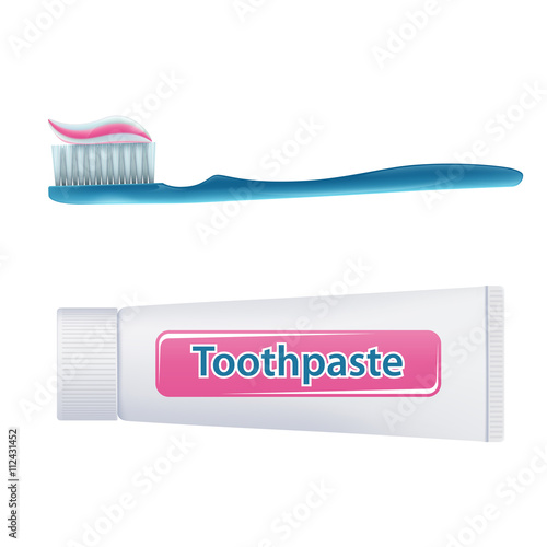 Toothbrush with toothpaste and tube isolated on white background