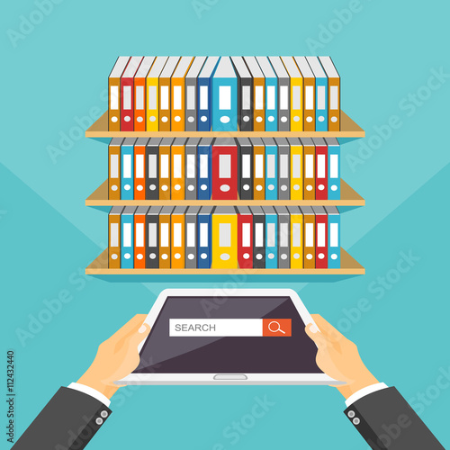 3d flat design of education concept. Online library. Searching electronic book.
