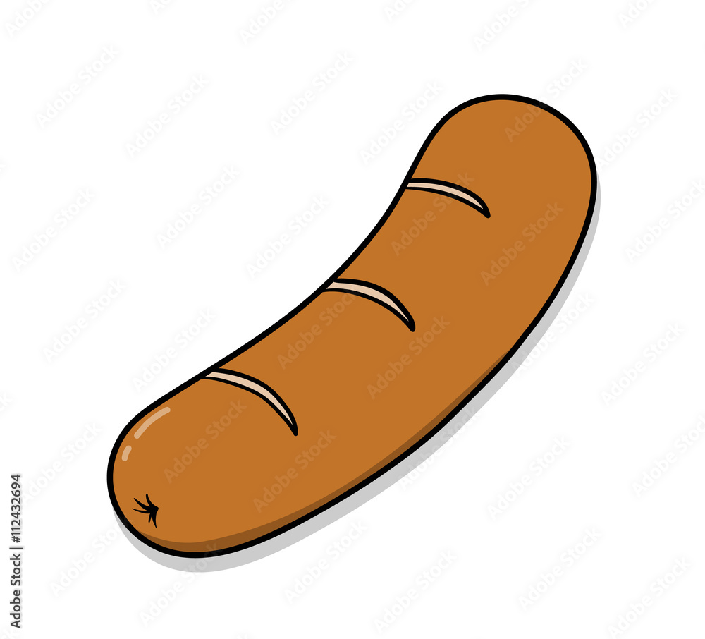Sausage, a hand drawn vector illustration of a well done sausage.