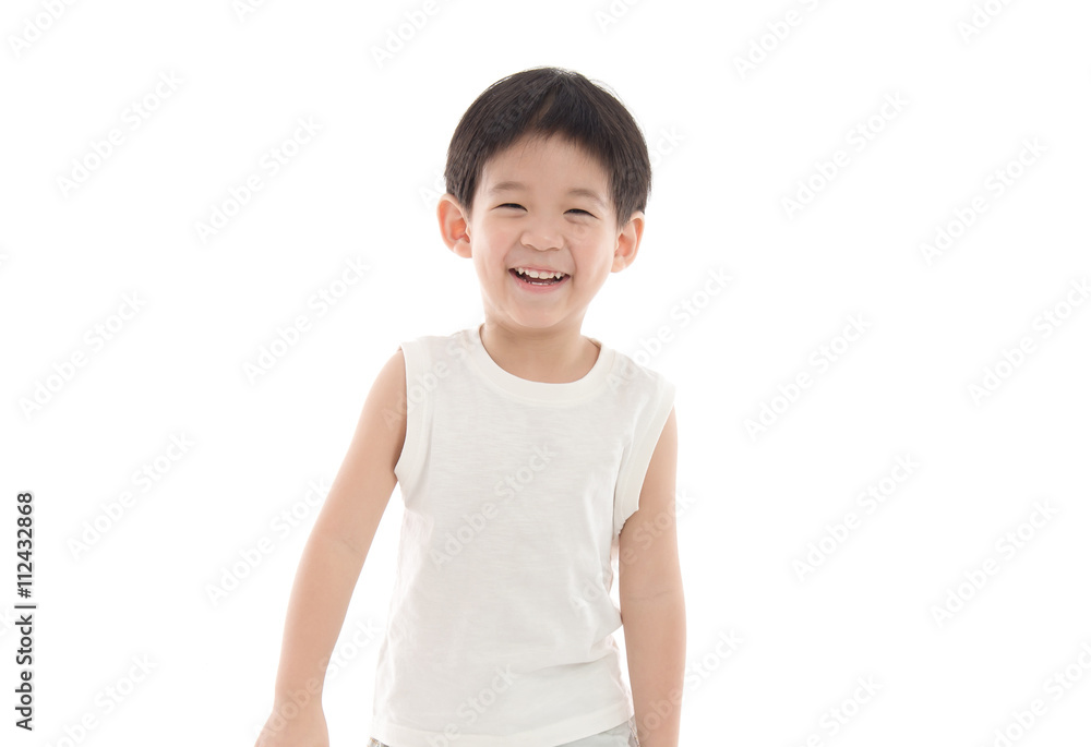 Happy little asian boy on white background