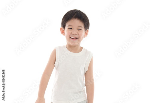 Happy little asian boy on white background