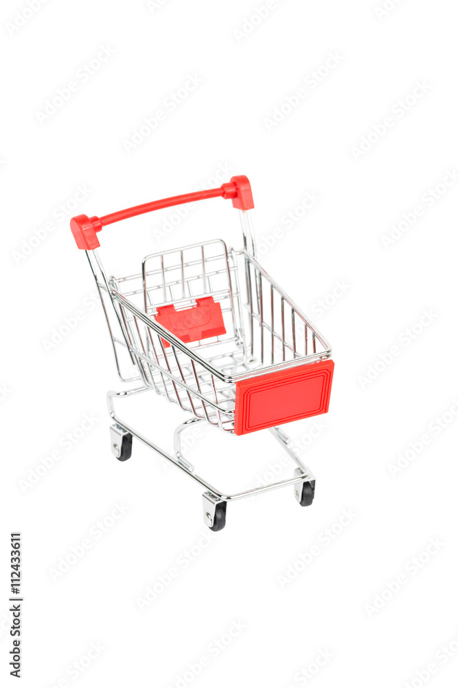 Shopping cart with red handle on white background Shopping cart with red handle on white background