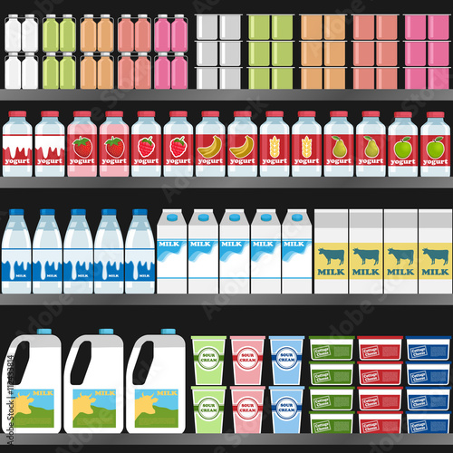 Shelf with dairy products on the shelf