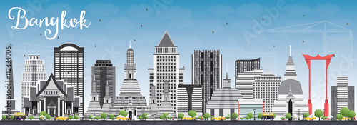 Bangkok Skyline with Gray Landmarks and Blue Sky.