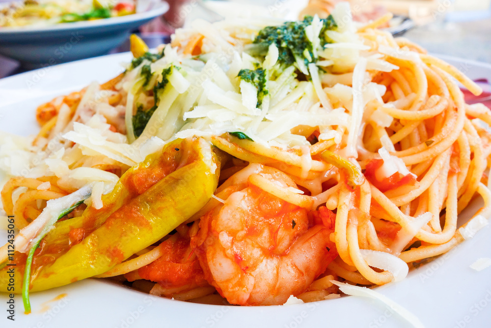 Pasta with Shrimp Dinner Dish on a the table Pasta with Shrimp Dinner Dish on a the table