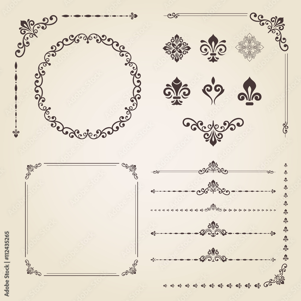 Vintage set of elements. Different vector elements for decoration and design frames, cards, menus, backgrounds and monogram. Collection of floral ornaments