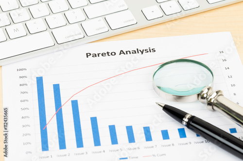 Pareto principle business analysis planning with pen, magnifier,