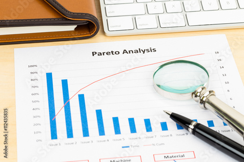 Pareto principle business analysis planning with pen, magnifier,