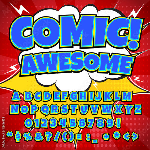 Creative high detail comic font. Alphabet in the style of comics, pop art. Letters and figures for decoration of kids