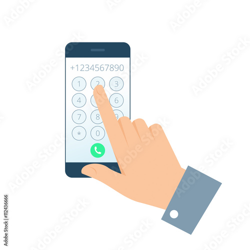 Dial number concept. Flat illustration of smartphone and hand. Businessman touching buttons with numbers on the mobile phone screen to make a phone call. Vector infographic element for web, print.