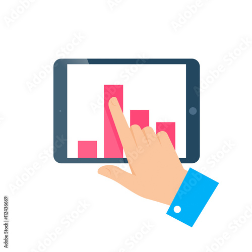 Improve business concept. Flat illustration of tablet and hand. Businessman push column chart up on the screen to improve progress, success and get profit. Vector infographic element