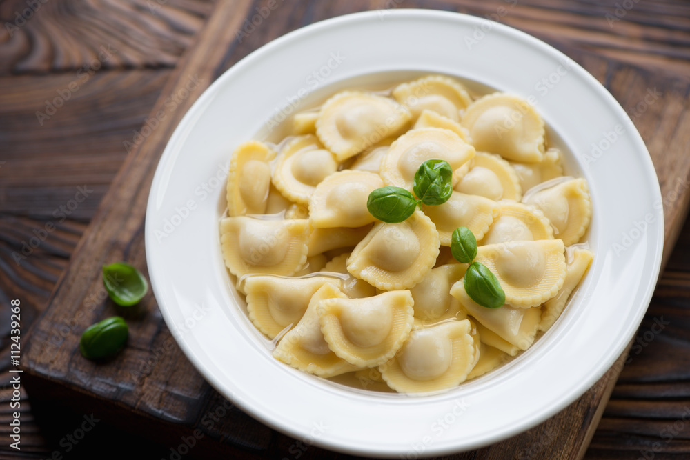 Ravioli in bouillon, selective focus, close-up Ravioli in bouillon, selective focus, close-up