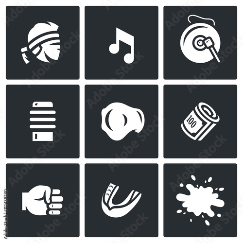 Vector Set of Muay Thai Icons. Fighter, Music, Gong, Makiwara, Champion Belt, Money Fist, Capa, Blood.
