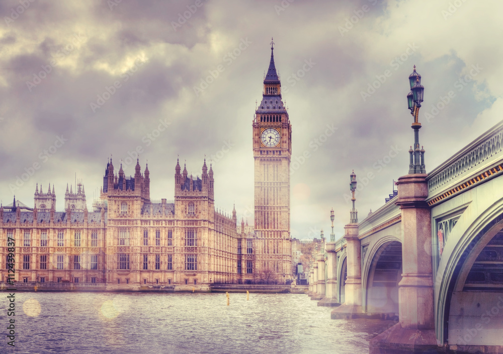 Big Ben and Houses of Parliament, vanilla vintage effect image