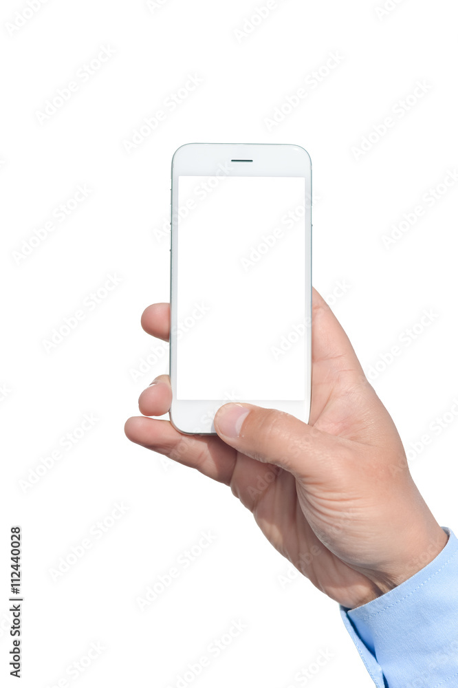 Closeup on hand holding white screen smart phone on light background Closeup on hand holding white screen smart phone on light background