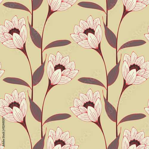 a vintage English style floral wallpaper seamless tiles with crocus-like flowers in white, ivory, and red brown shades