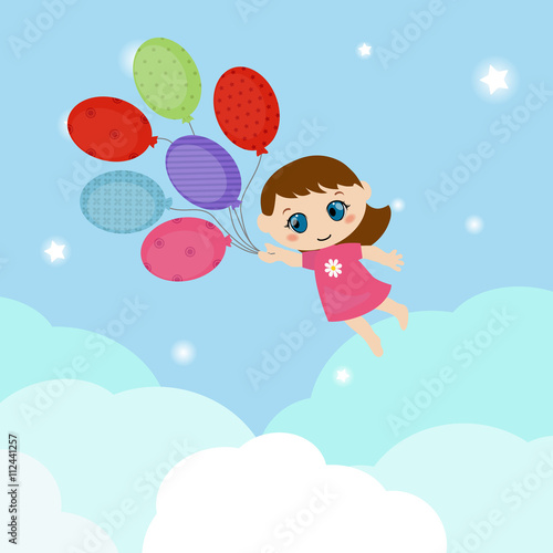 Little girl flying balloons.