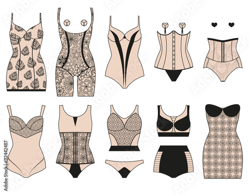 Corrective lingerie set. Female lace underwear. Vector illustration.