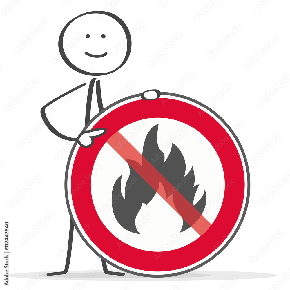 Strichmännchen weißt freundlich auf das Feuer verboten Schild Stock