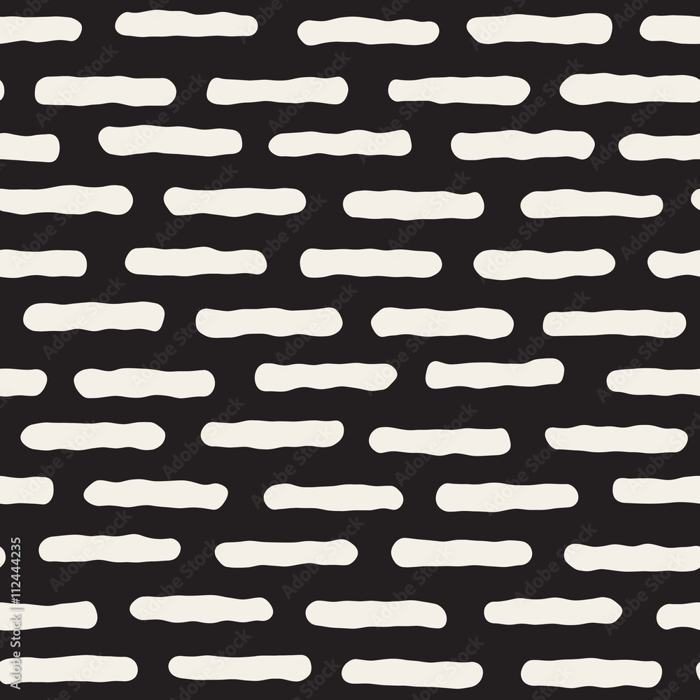 Vector Seamless Black and White Hand Drawn Horizontal Dash Lines Pattern