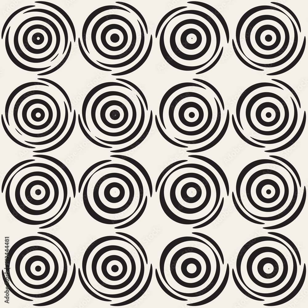 Vector Seamless White And Black Hand Drawn Concentric Circles Pattern