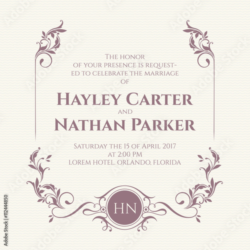 Graphic design page. Wedding invitation. Decorative floral frame and monogram in purple colors.