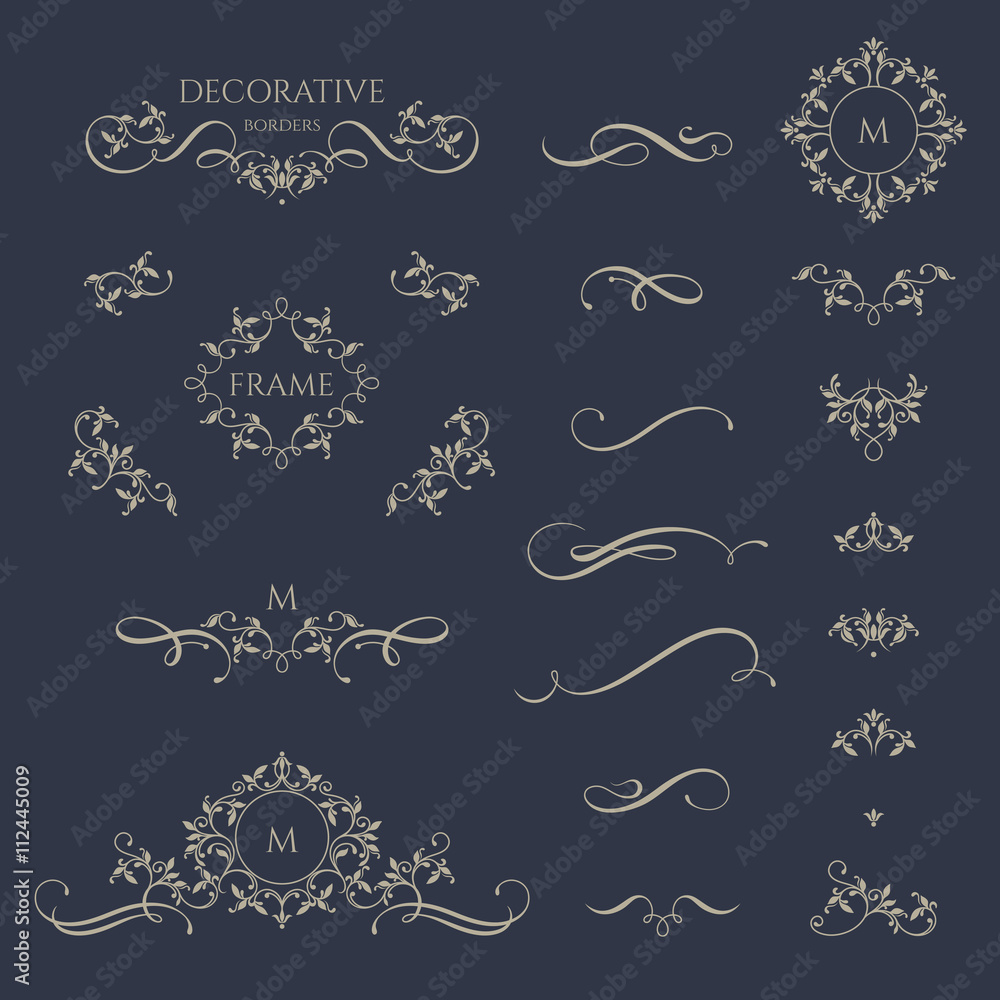 Floral borders and monogram with calligraphic elements. Template signage, logos, labels, stickers, cards. - obrazy, fototapety, plakaty 