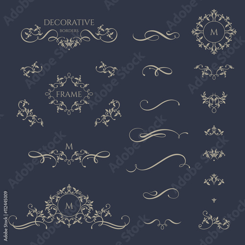 Floral borders and monogram with calligraphic elements. Template signage, logos, labels, stickers, cards.