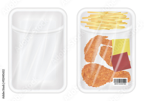 top view of White polystyrene packaging mockup with Chicken fried and french fries 