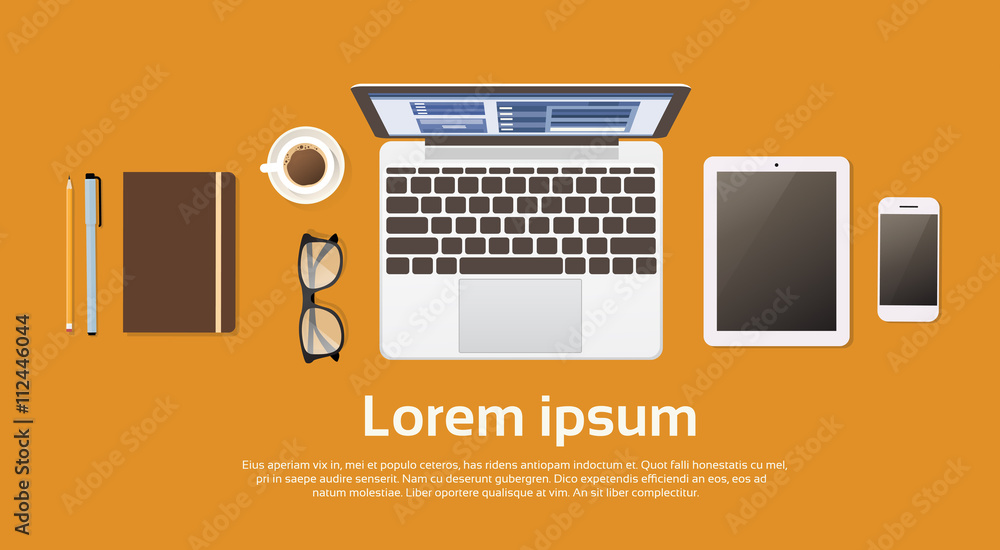 Workplace Desk Laptop Computer Tablet Cell Smart Phone Coffee Top Angle View Copy Space Workplace Desk Laptop Computer Tablet Cell Smart Phone Coffee Top Angle View Copy Space