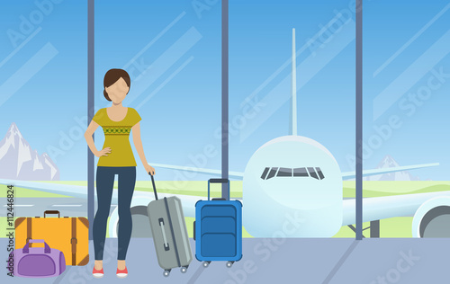 Tourist with luggage waiting for check-in at the airport. Vector.
