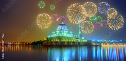 Beautiful fireworks under Putrajaya Mosque, Kuala Lumpur