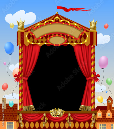 Puppet show booth with theater masks and red curtain