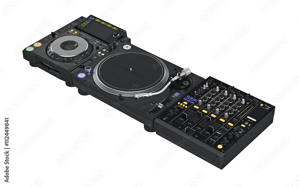 Set black mixer dj music professional, digital equipment. 3D graphic Set black mixer dj music professional, digital equipment. 3D graphic