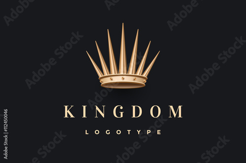 Logo with gold king crown and inscription Kingdom on a dark black background. Logo template for branding design. Business concept and identity symbol. Vector Illustration