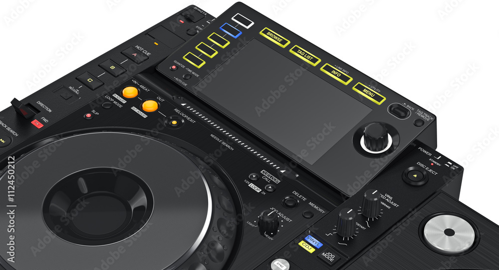 Big display on dj mixer, with glowing buttons, close view. 3D graphic Big display on dj mixer, with glowing buttons, close view. 3D graphic