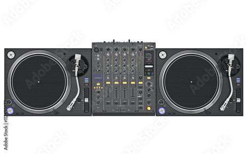 Set dj music mixer table, black professional equipment, top view. 3D graphic