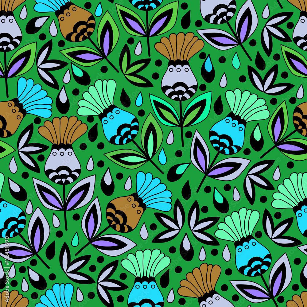 Floral seamless pattern background with birds. Background for coloring book. Floral, retro, doodle, design element.