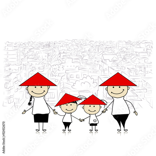 Happy family traveling in Asia. Sketch for your design