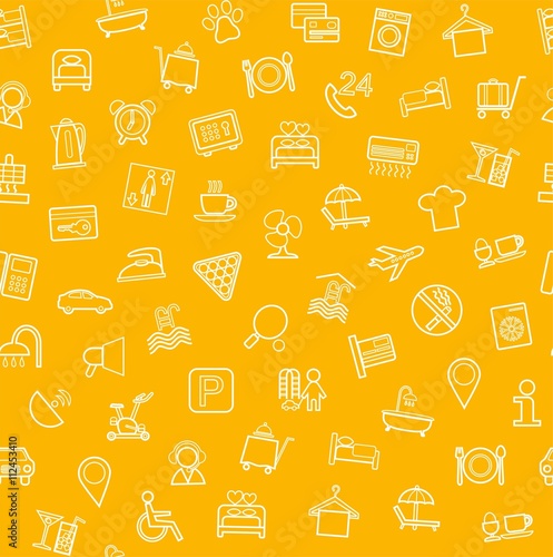 Hotel services, seamless background, dark yellow. 